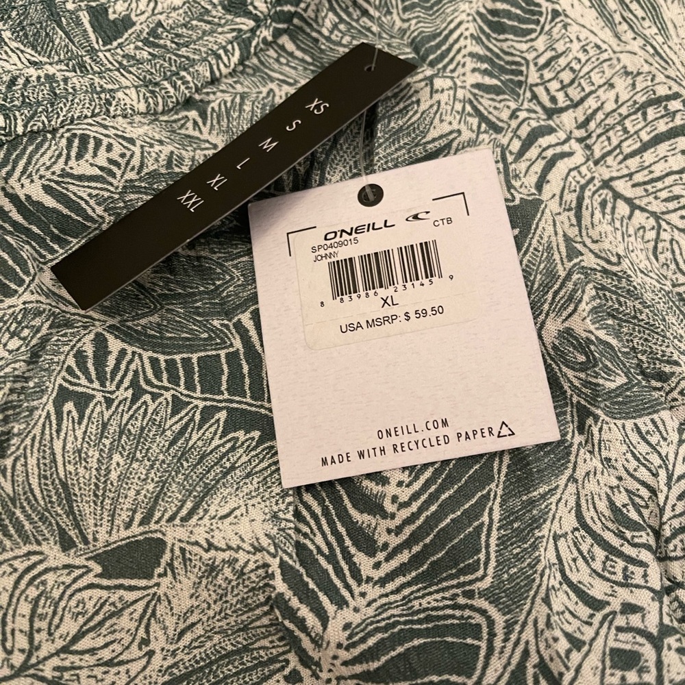 O’Neill Green Palm Print Johnny  Pants XL NWT Elastic Waist & Palm Fringe Bag - Picture 6 of 11